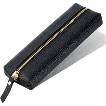 Genuine Leather Pen Case, Cowhide Pencil Pouch with Zipper, Soft Black Pen Bag for Adults