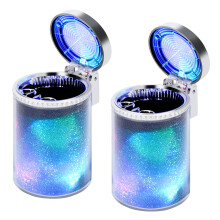 Car Ashtray, Auto Ashtray With LED Light, Mini Car Trash Can, Portable Ashtray with Lid Suitable for Most Vehicles, Silver (2-Pack)