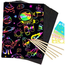 50 Piece Rainbow Scratch Paper - 5 Wooden Styluses Included - 4 Drawing Stencils-Create Rainbow Scratch Art with This Jumbo Craft Pack