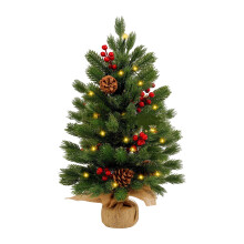 Small Pre-Lit Artificial Christmas Tree with Warm White Lights, Red Berries & Pinecones – Desktop Tabletop Decoration for Home/Office