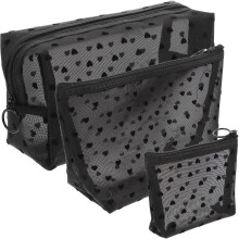 3-delige set zwarte make-up organizer tasjes van mesh, reisetui voor toiletartikelen, herbruikbaar en gemakkelijk schoon te maken.