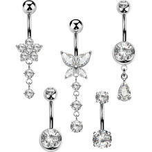 5PCS 14G Belly Button Rings for Women – Surgical Steel Navel Jewelry Set with CZ Butterfly/Flower Teardrop Barbell, compatible with