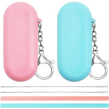 Conjunto de 2 canudos de silicone dobráveis com estojos e escovas.