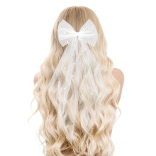 Bridal Pearl Hair Bow Veil Bridesmaid Large Hair Bow Wedding Veil with Barrette Bachelorette Party Decorations Bridal Bridesmaid Gift (White)