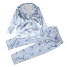 Girls Long Sleeve Pants Set 2 Piece Outfits Button Down Bow Print Collared Shirts Relaxation Home Clothes For Kids 3-14 Years Trendy Outfit