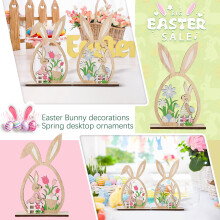On Sale!2-Pack Wooden Easter Bunny Tabletop Decorations, Spring Wood Figurines with Hollow-Out Egg and Flower Design