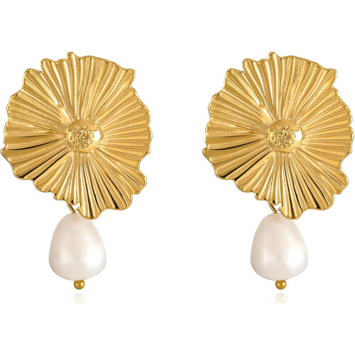 18K Gold Plated Floral Pearl Stud Earrings