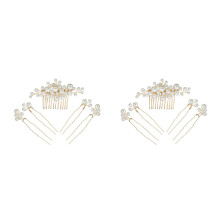 2Sets Golden Alloy Pearl Hair Comb Set for Bridal Wedding Headdress