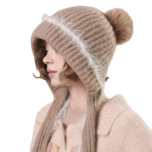 Ensemble pull-over kaki avec bonnet et écharpe en maille pour femme