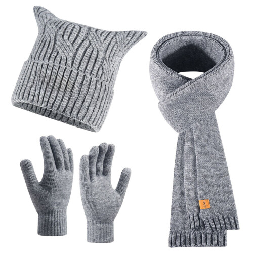 Conjunto feminino de gorro, cachecol e luvas em tricô trançado