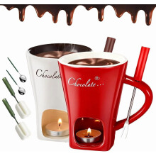Chocolate Fondue Mug with Fork & Tealights – Ceramic Melting Cup for Chocolate, Cheese, Desserts – Ideal Gift for Date Nights, Birthdays,