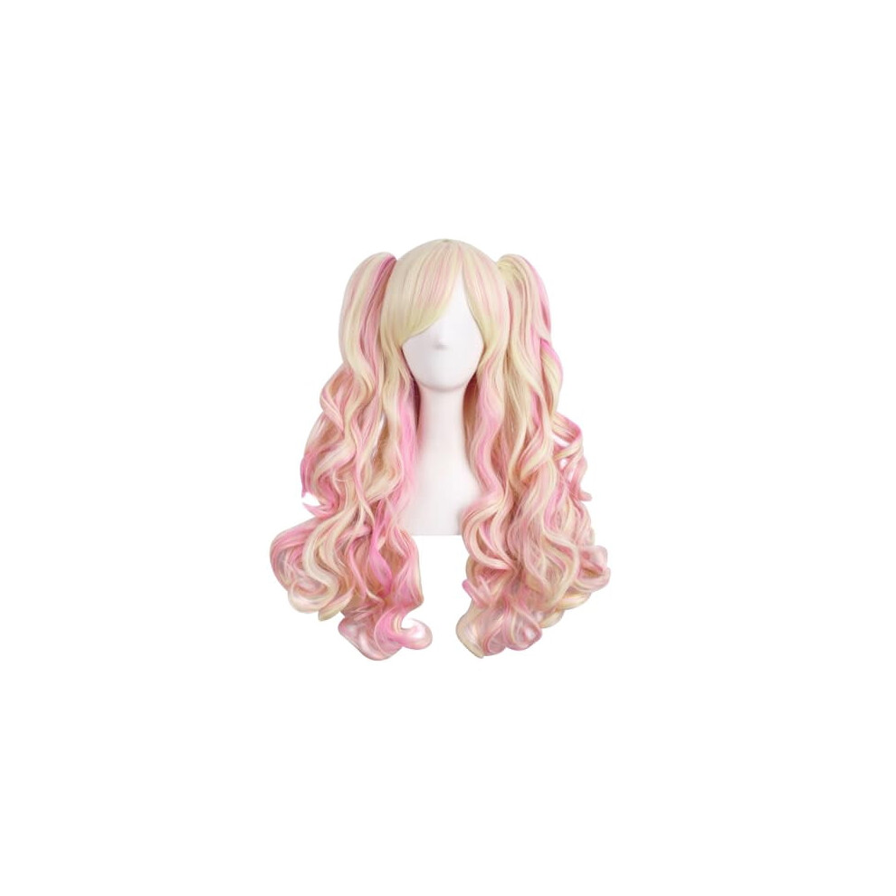 Unisex Pink Multi-Color Long Curly Clip On Ponytails Cosplay Wig (Blonde/Pink)