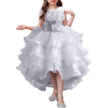 AWZXDE Childrens Solid Color Irregular Mesh Lace Knee Length Trailing Long Dresses Wedding Puffy Flower Girl Gown White,9-10Y
