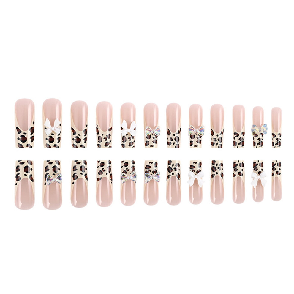 Leopard Print Press-On Nails French Tips 24 Pcs