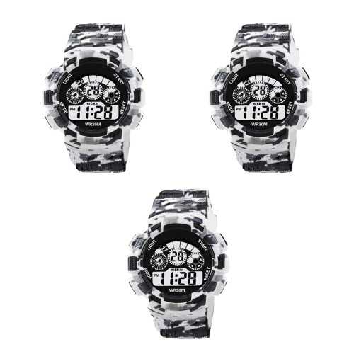 3Pcs Light Grey Men Sport Watch Digital Display Waterproof Timer Alarm