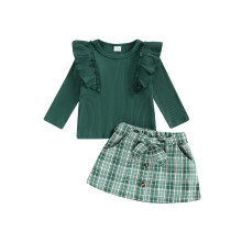 (6-12 Months, Green) Ensemble d'automne pour petite fille : haut à manches longues et jupe à carreaux (3 pièces).