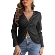 Bluză elegantă și sexy, cu mânecă lungă, plisată, cu decolteu în V, body cu peplum în față, cu detalii încrețite, pentru birou, club,