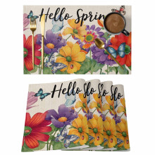 Hello Spring -pöytäliinojen setti, 6 kpl, punainen/keltainen/violetti perhoskukkakuosi, liukumaton ja pestävä, sisä-/ulkokäyttöön