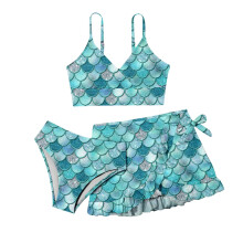 AWZXDE Girls One Piece Swimsuits 3 Piece Set Scale Print Sea Style Bathing Suit Swimming Outfit For Big Kids Pink