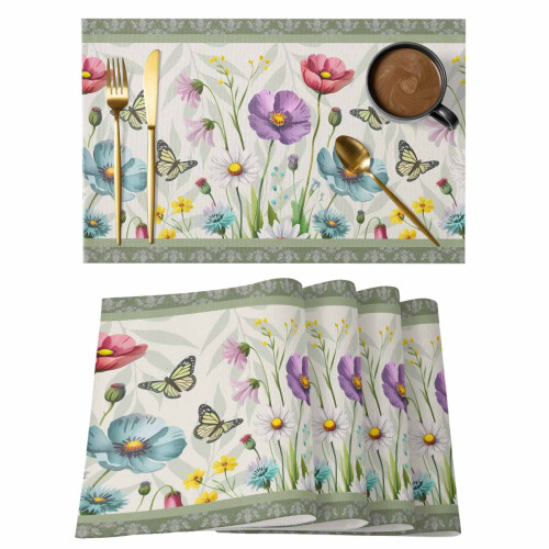 Platzsets mit Frühlingsblumenmuster, 1er-Set, grüner Rand