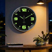 Noctilucent Wall Clock Black Plastic 12-inch Bedroom Decor