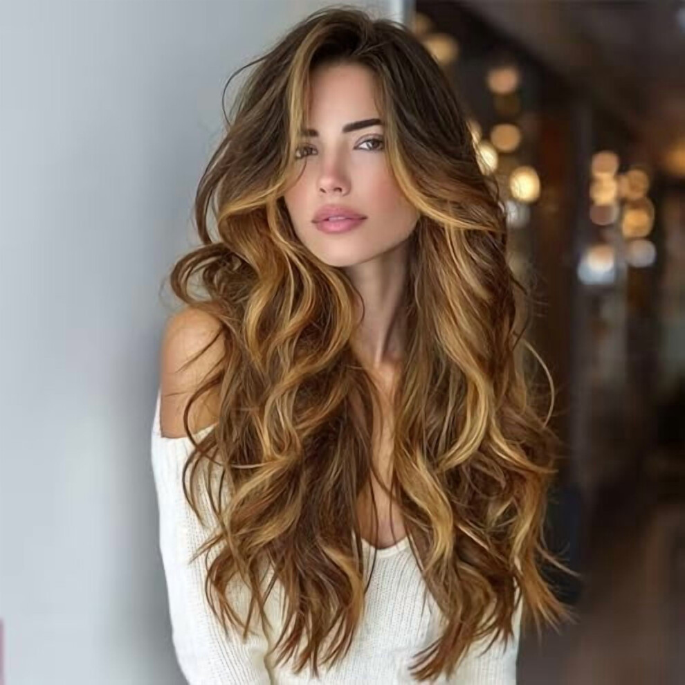 Unisex Brown Ombre Highlight Wigs For Women, Honey Blonde Long Wavy Lace Hairline Middle Part Synthetic Wig For Daily Party Use