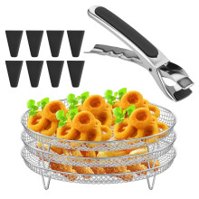 3PCS Stackable Air Fryer Racks w/ Silicone Feet & Clip, Stainless Steel, Compatible with 4.2QT–5.8QT Air Fryers