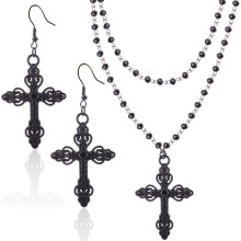 Gothic Layered Cross Necklace Set with Choker & Earrings, Black Alloy & Acrylic Beads – Compatible with Halloween Party