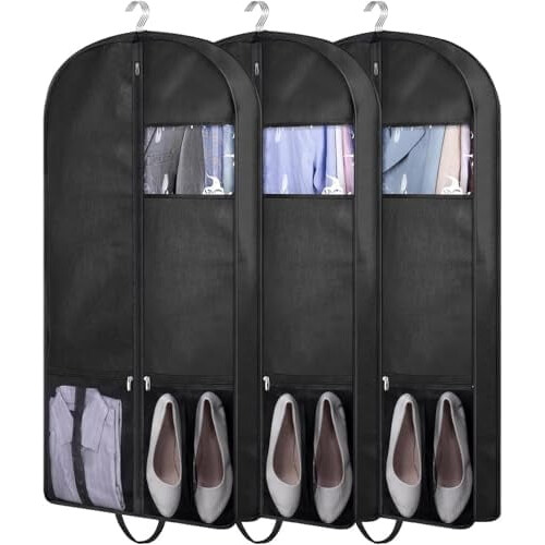 Conjunto de 3 capas de malha com reforço lateral para ternos, medindo 43 polegadas (109 cm), na cor preta, ideais para guardar roupas no armário e