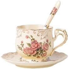 Tea Cup and Saucer Set, 8 oz Tea Cup Set, Teacup, Ceramic Tea Cup with Suacer Spoon, Ivory Vintage Rose Floral with Gold Leaves Trim, Gifts for Women