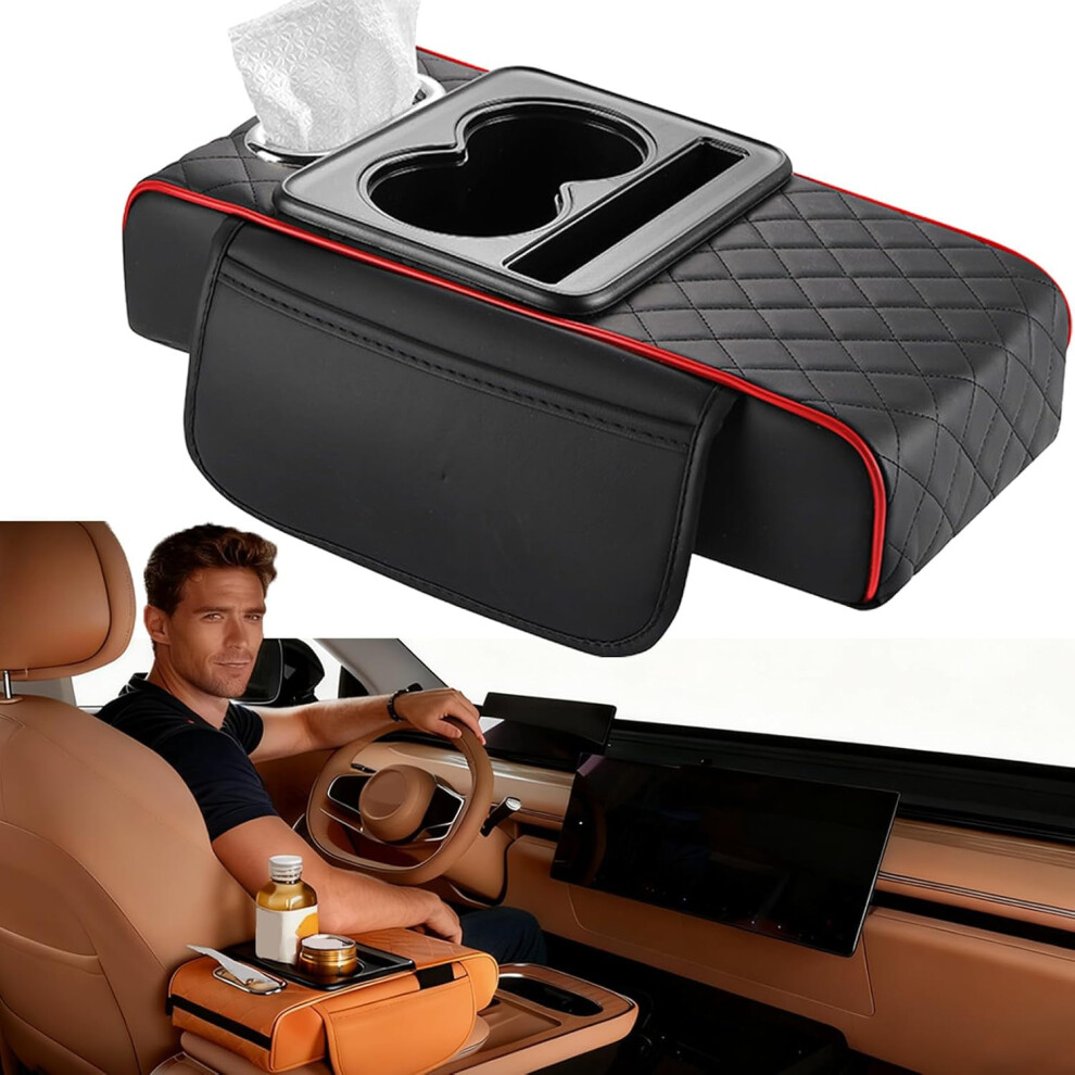 Waterproof Pu Leather Car Armrest Box Mat, 5-In-1 Organizer With Cup Holder, Phone Slot & Tissue Box Â Compatible With Most Cars 9340959142422