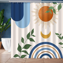 Sprchový závěs Boho 60x72" – modrý minimalistický, duhový, slunce, měsíc a botanický design, kompatibilní se standardními tyčemi