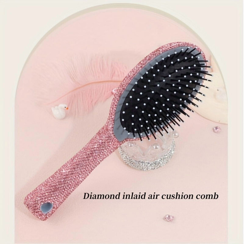 Sparkling Rhinestone Cushion Hairbrush, Anti-Static Long Handle, Plastic, for All Hair Types, Includes Massage Comb