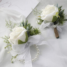 Conjunto de 2 peças: Corsage de pulso e boutonnière com rosas artificiais cor marfim, decoração artesanal para trajes de casamento –