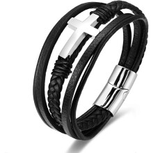 Pulsera de cruz de cuero negro y acero inoxidable