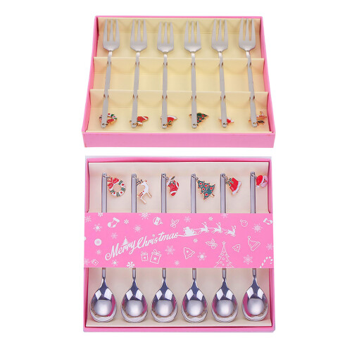 1Set Silver Christmas Pattern Forks and Spoons for Home Use