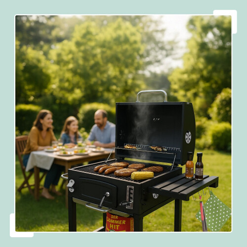 Kullgrillvogn med lokk, justerbart brett og termometer