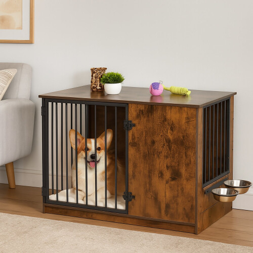 Indoor Dog Crate with Bowls - Wood Effect, Medium
