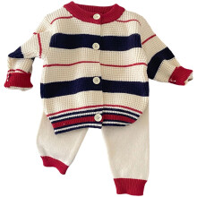 Completo da neonato composto da cardigan e pantaloni a righe in maglia, 2 pezzi, morbido e caldo completo invernale per bambini dai 3 ai 6 mesi.