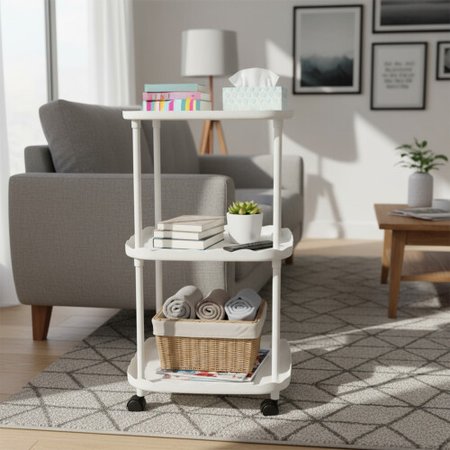 3-Tier End Table with Wheels and Storage Shelf White