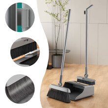 3-in-1 Besen- und Kehrschaufel-Set mit Edelstahlstiel, Standfunktion, drehbarem Kopf und integriertem Kamm – geeignet für Zuhause und Büro