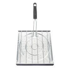 Bandeja plegable de acero inoxidable para asar tortillas, ideal para cocinas, camping y actividades al aire libre. Compatible con todas las estufas