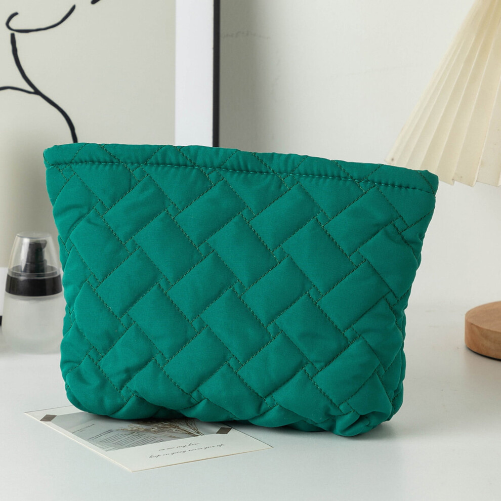 Green Quilted Makeup Pouch With Zipper Â Portable Toiletry Bag, Pencil Case & Clutch For Women, Easy-Clean Design