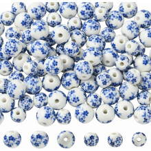 Perline di porcellana a forma di fiore, blu e bianche, 8 mm, 10 mm, 100 pezzi