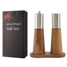 Salt Shaker and Pepper Bow with Tray Acacia Wood Salt and Pepper Grinder Set Refillable Salt Shaker and Pepper Mill Set