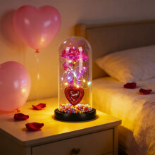 Luminária cilíndrica de vidro LED com decoração de coração e rosa