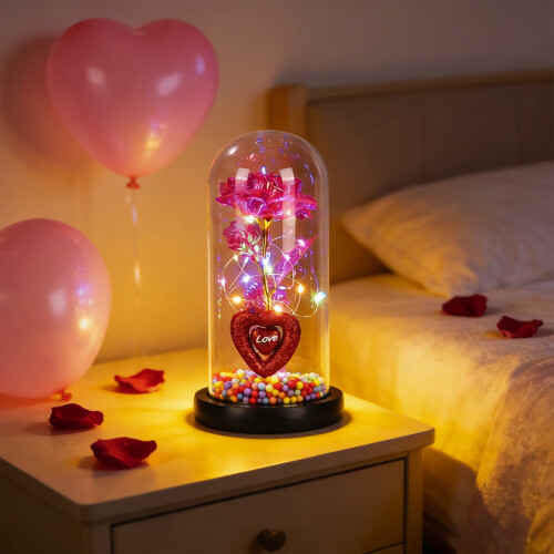 Luminária cilíndrica de vidro LED com decoração de coração e rosa