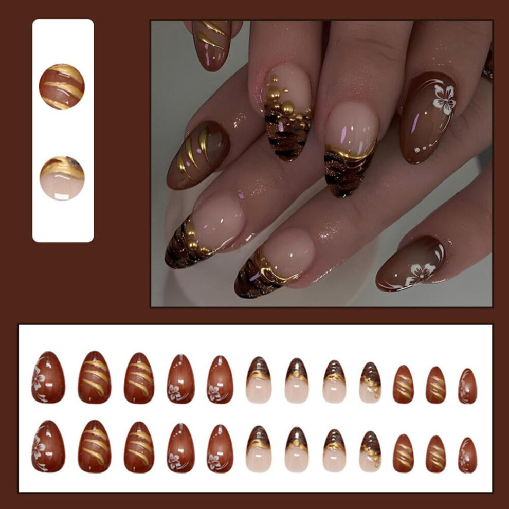 Brown 24Pcs Cheetah Print French Press On Nails Medium Almond False Nails&