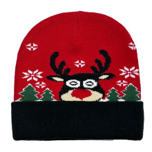 Handgefertigte Weihnachtsmütze für Partys, gestrickte Mütze mit Weihnachtsmann- und Rentiermotiv, saisonale Festtagsmütze für Erwachsene und
