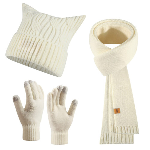 Conjunto feminino de gorro, cachecol e luvas em tricô trançado